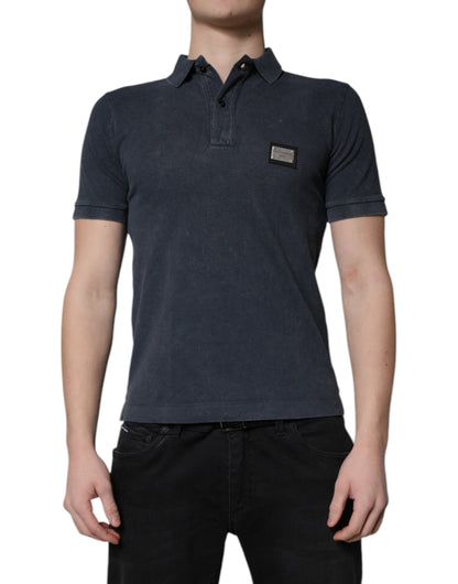 Dark Blue Logo Plaque Cotton Men Polo Shirt T-shirt-Dolce & Gabbana-LabelTerrace.com