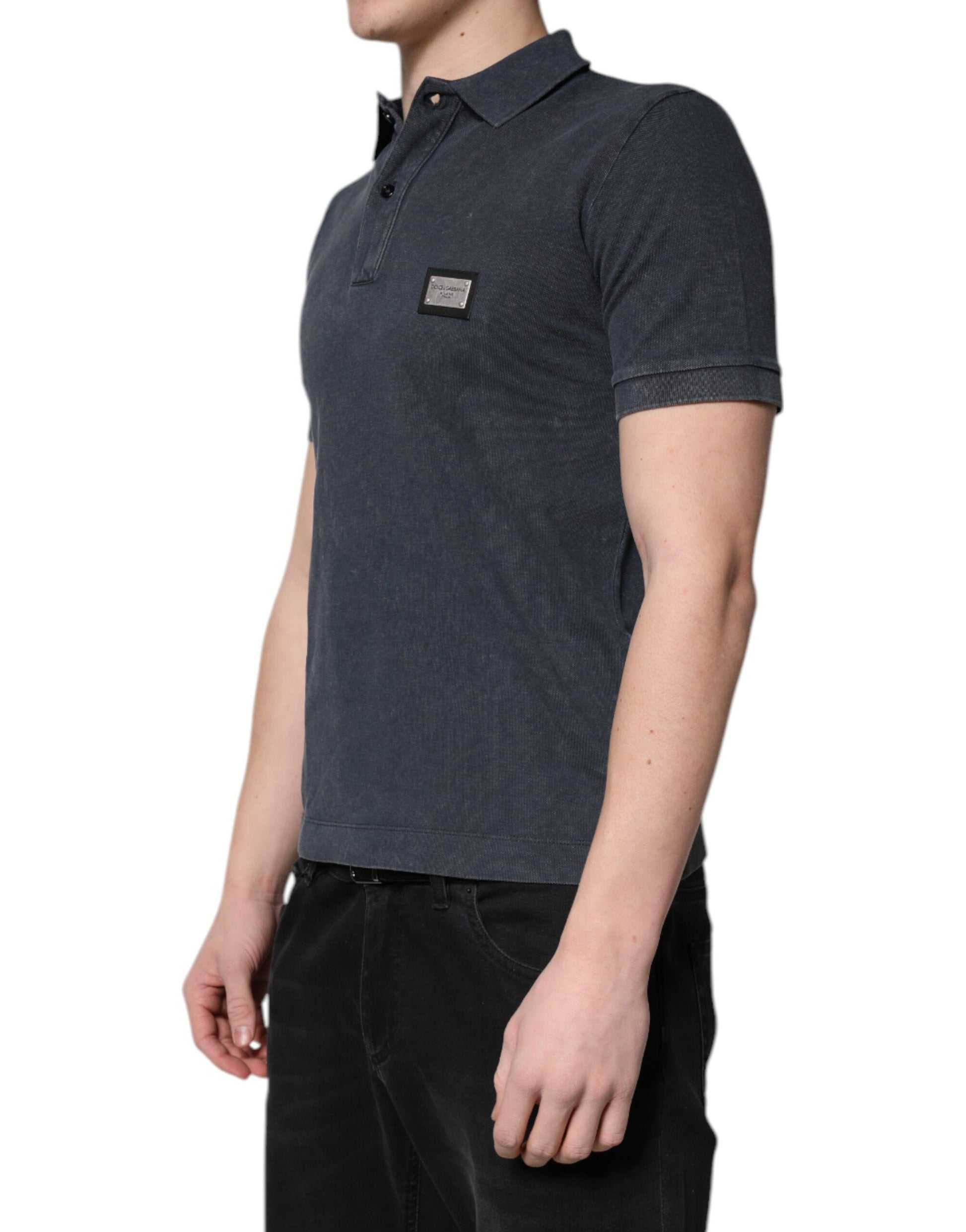 Dark Blue Logo Plaque Cotton Men Polo Shirt T-shirt-Dolce & Gabbana-LabelTerrace.com