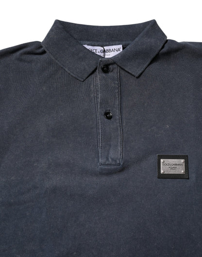 Dark Blue Logo Plaque Cotton Men Polo Shirt T-shirt-Dolce & Gabbana-LabelTerrace.com
