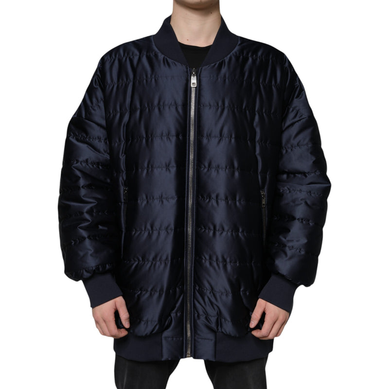 Dark Blue Quilted Full Zip Bomber Jacket-Dolce & Gabbana-LabelTerrace.com
