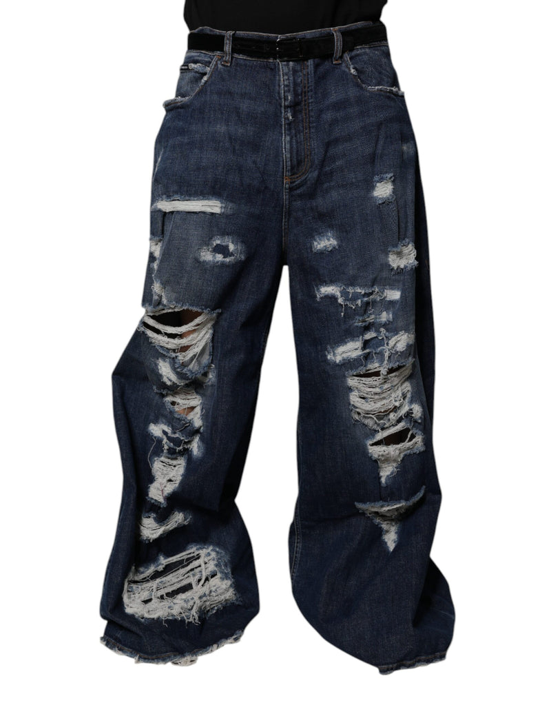Dark Blue Tattered Wide Leg Men Denim Jeans-Dolce & Gabbana-LabelTerrace.com