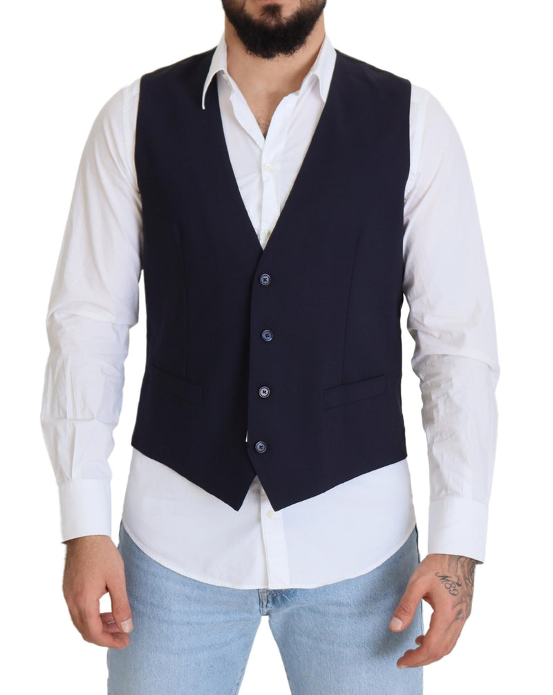 Dark Blue Wool Stretch Waistcoat Formal Vest-Dolce & Gabbana-LabelTerrace.com