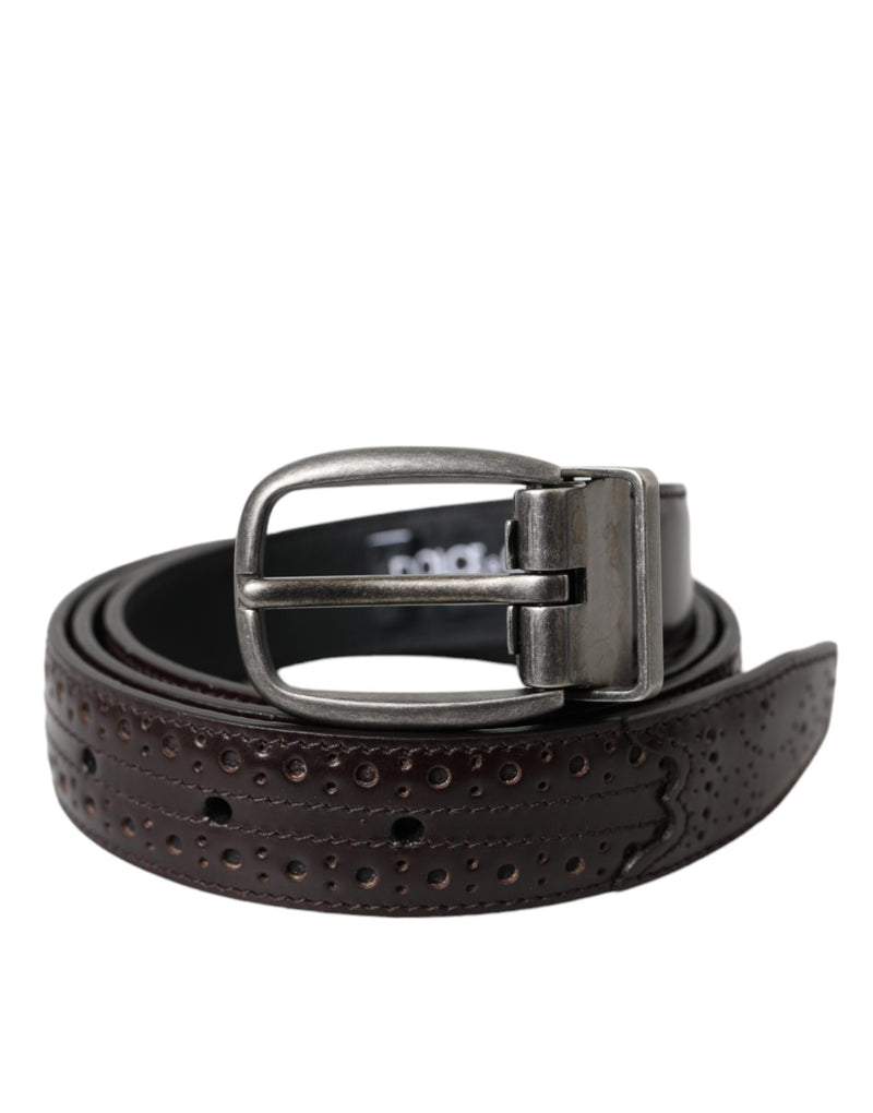 Dark Brown Perforated Leather Metal Buckle Belt Men-Dolce & Gabbana-LabelTerrace.com