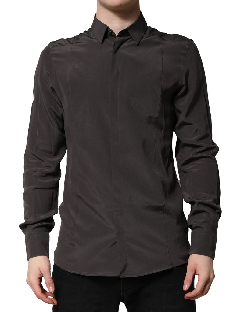 Dark Brown Silk GOLD Men Dress Formal Shirt-Dolce & Gabbana-LabelTerrace.com