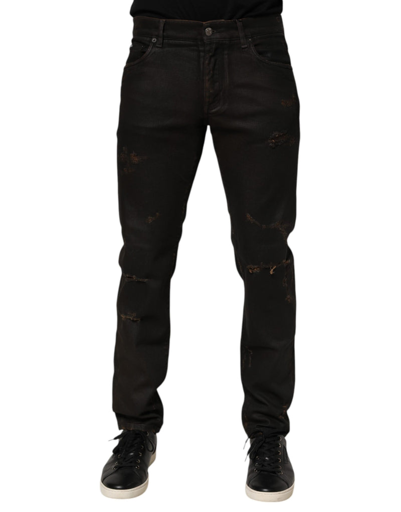 Dark Brown Tattered Cotton Skinny Denim Jeans-Dolce & Gabbana-LabelTerrace.com