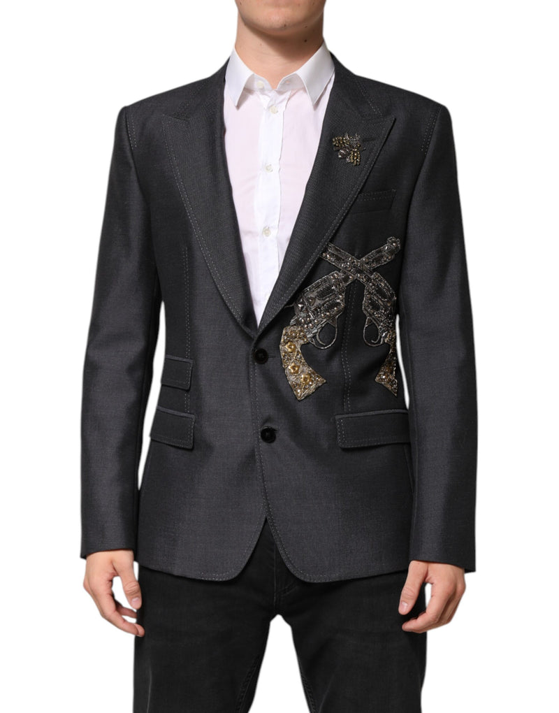 Dark Gray Bee Embroidery SICILIA Coat Blazer-Dolce & Gabbana-LabelTerrace.com
