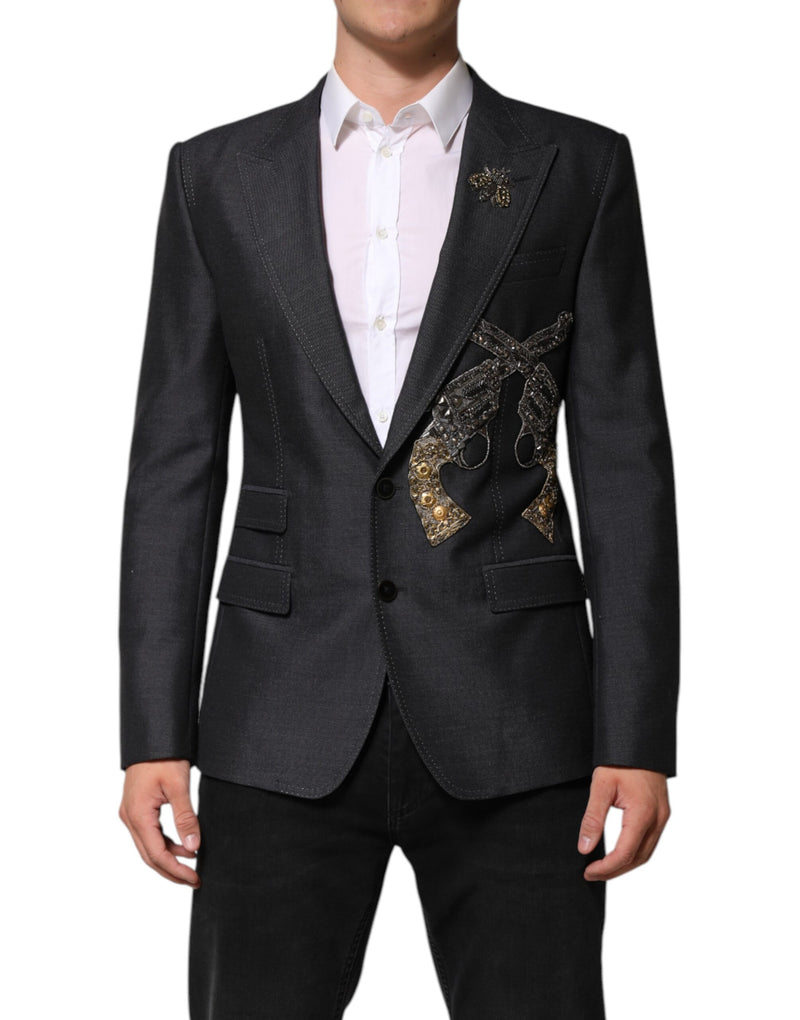 Dark Gray Bee Embroidery Wool Coat Blazer-Dolce & Gabbana-LabelTerrace.com