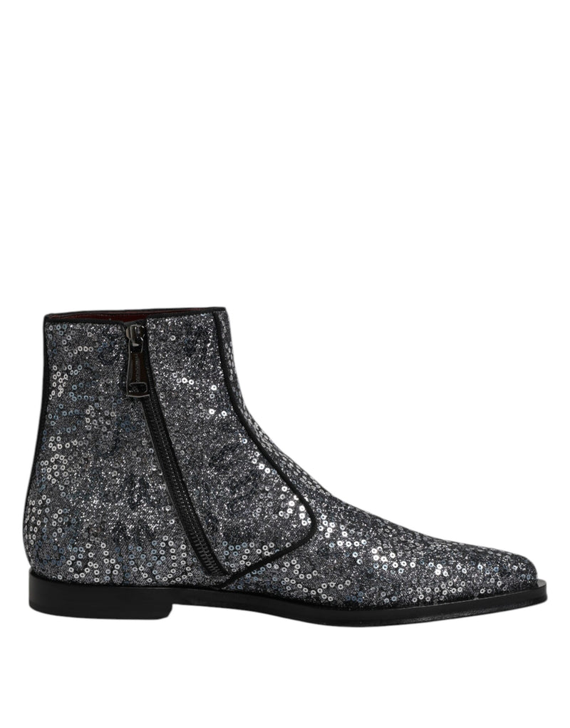 Dark Gray Cotton Sequined Chelsea Boots Shoes-Dolce & Gabbana-LabelTerrace.com