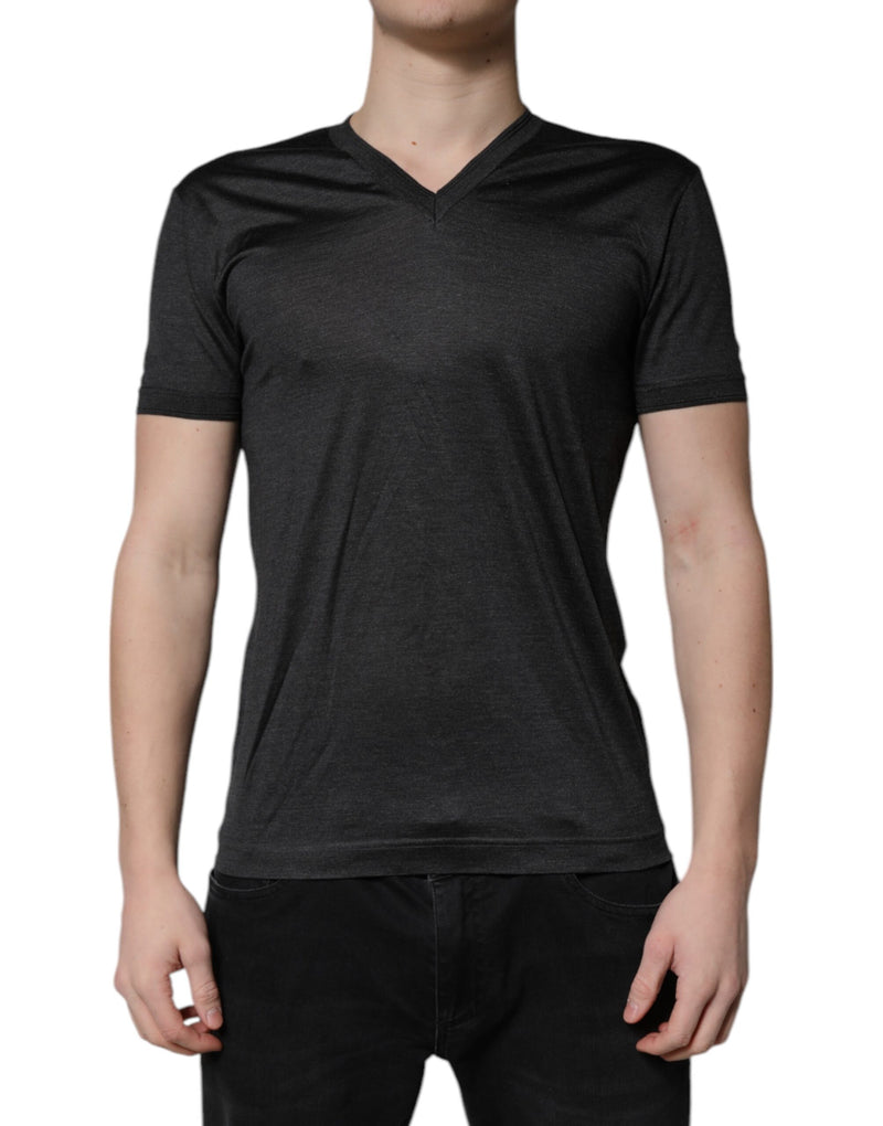 Dark Gray Silk V-neck Short Sleeves T-shirt-Dolce & Gabbana-LabelTerrace.com