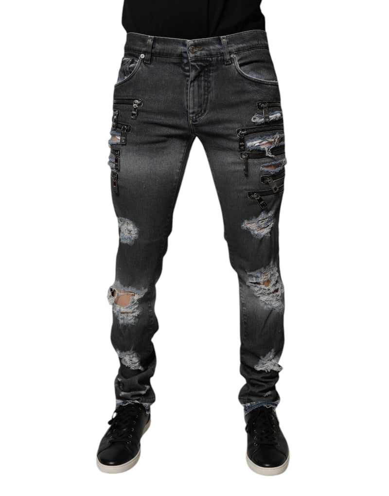 Dark Gray Tattered Cotton Skinny Denim Jeans-Dolce & Gabbana-LabelTerrace.com