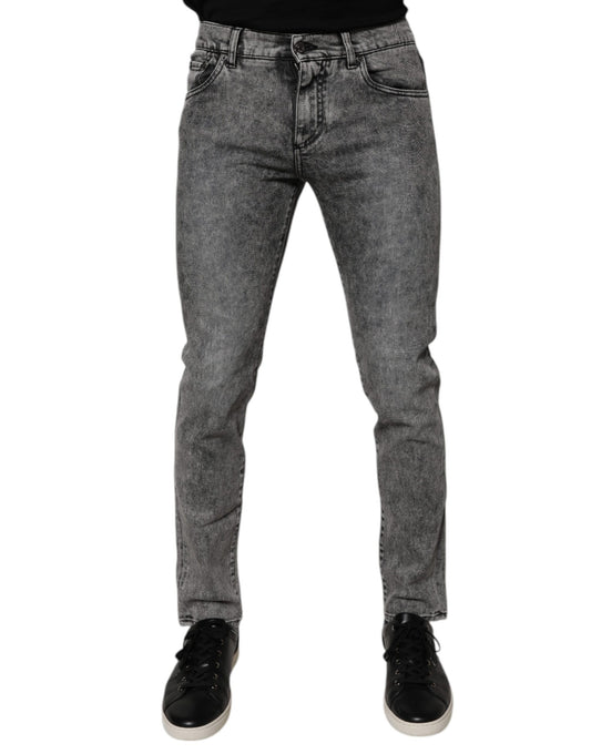 Dark Gray Washed Cotton Slim Fit Denim Jeans-Dolce & Gabbana-LabelTerrace.com