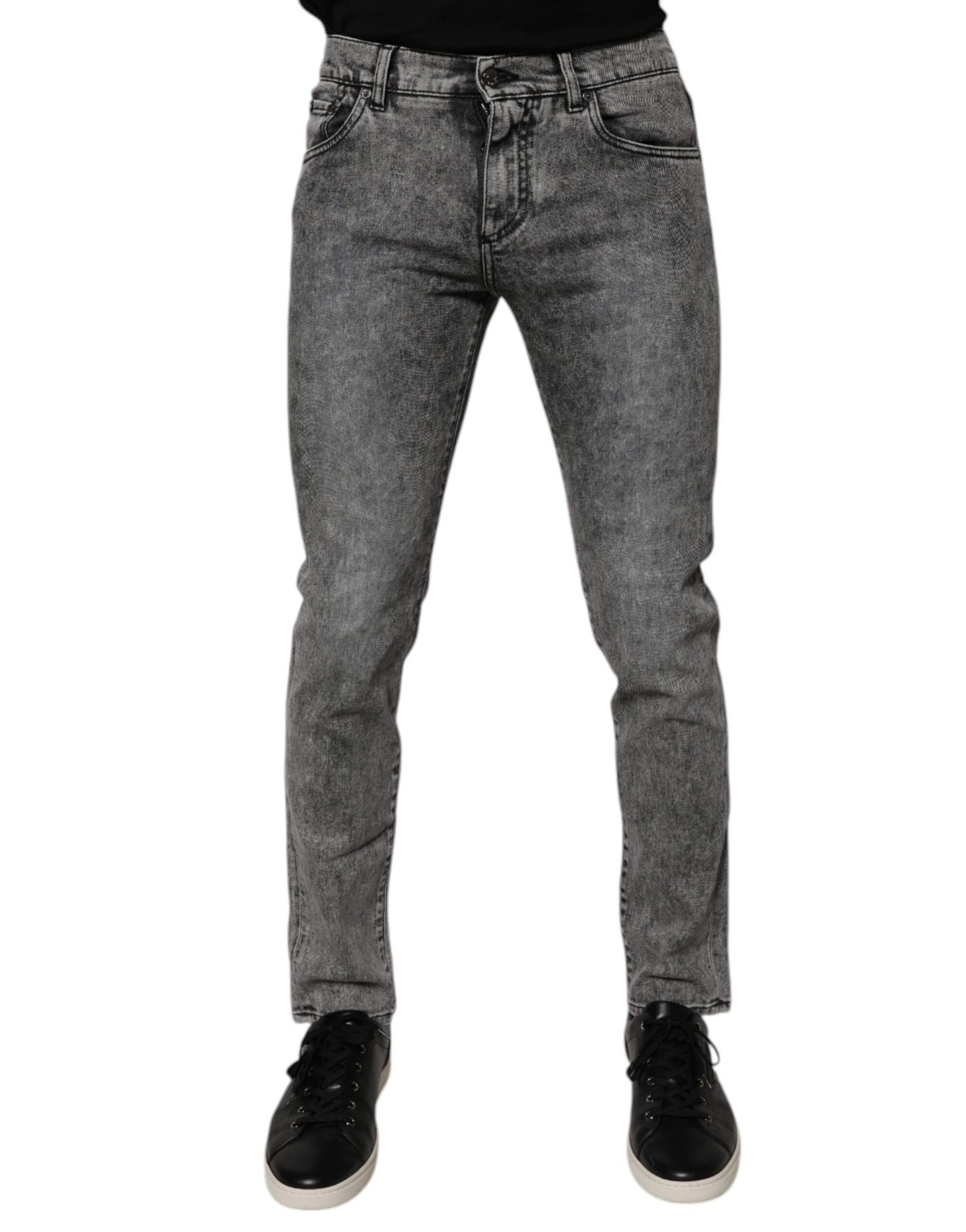 Dark Gray Washed Cotton Slim Fit Denim Jeans-Dolce & Gabbana-LabelTerrace.com