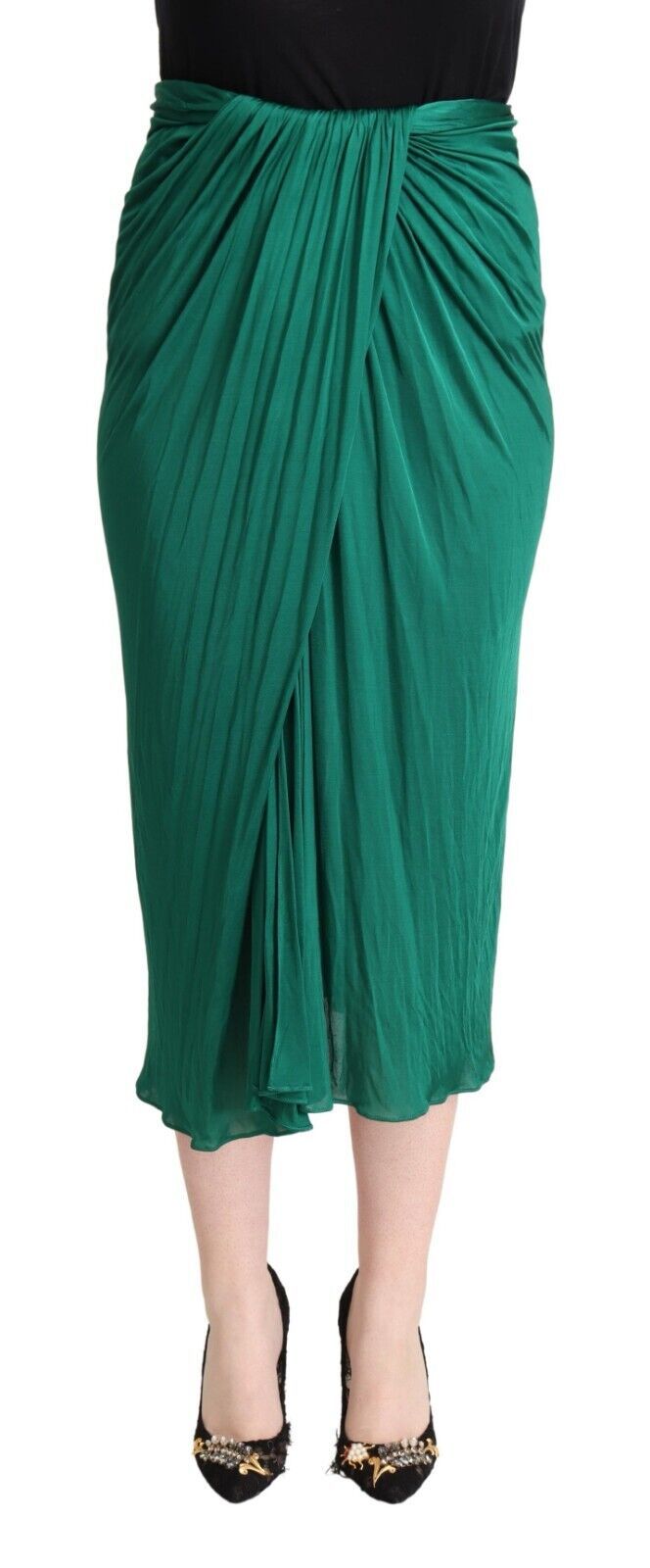 Dark Green High Waist Midi Pencil Cut Pleated Skirt-Dolce & Gabbana-LabelTerrace.com