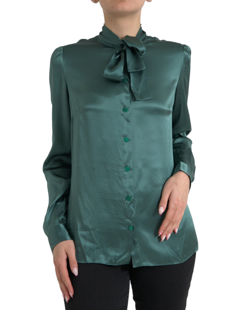 Dark Green Silk Ascot Collar Blouse Top-Dolce & Gabbana-LabelTerrace.com