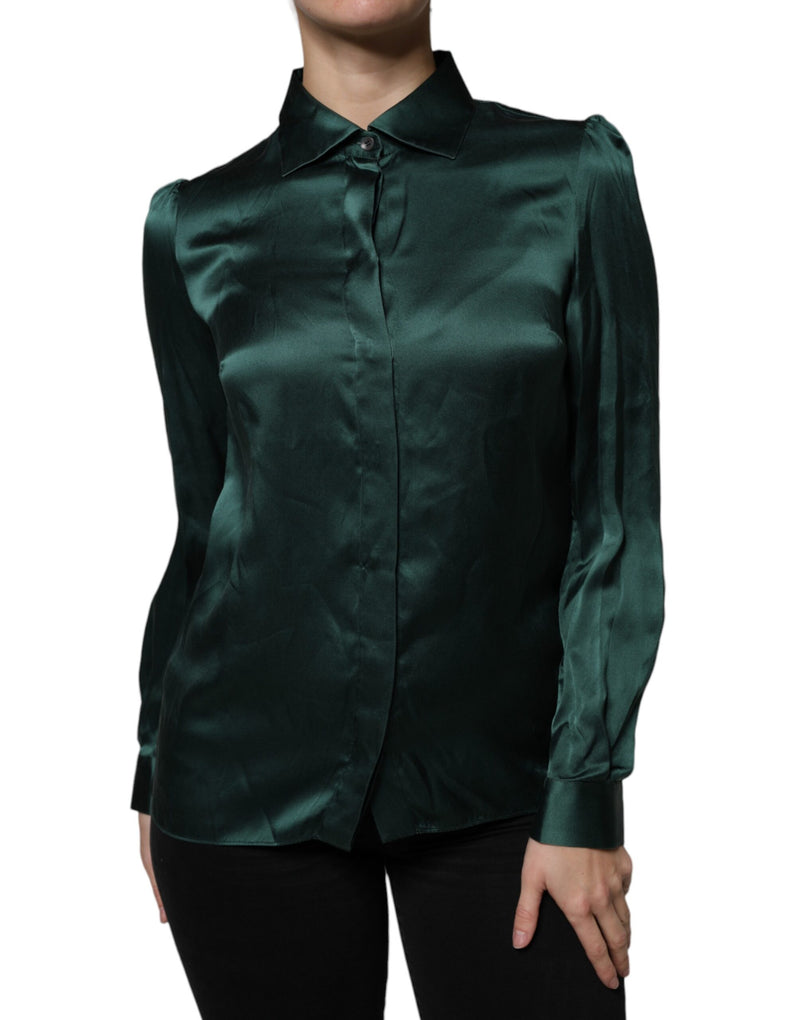 Dark Green Silk Button Down Long Sleeves Blouse Top-Dolce & Gabbana-LabelTerrace.com