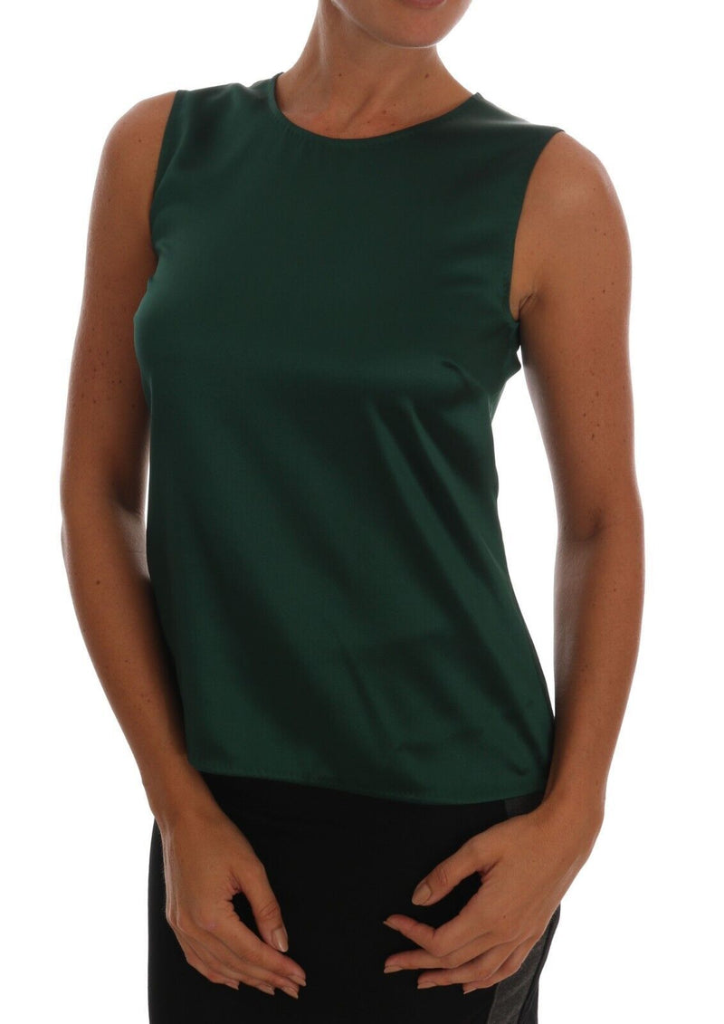 Dark Green Silk Sleeveless Round Neck Tank Top-Dolce & Gabbana-LabelTerrace.com