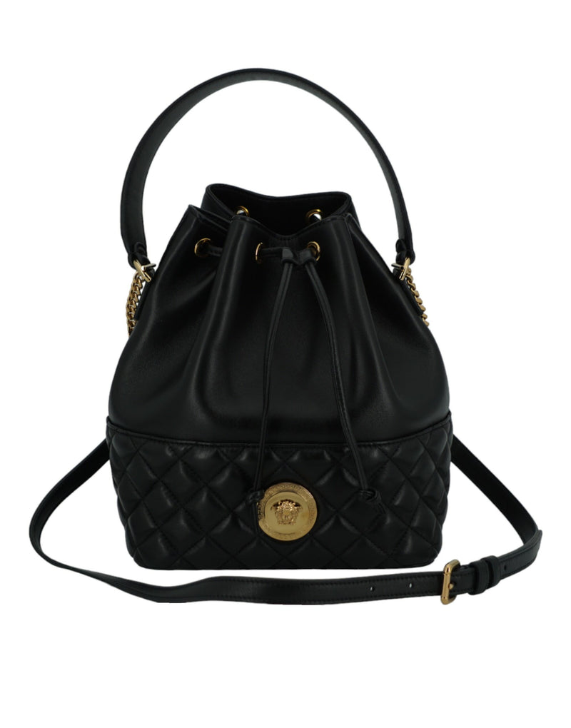 Elegant Black Leather Medusa Bucket Shoulder Bag-Versace-LabelTerrace.com
