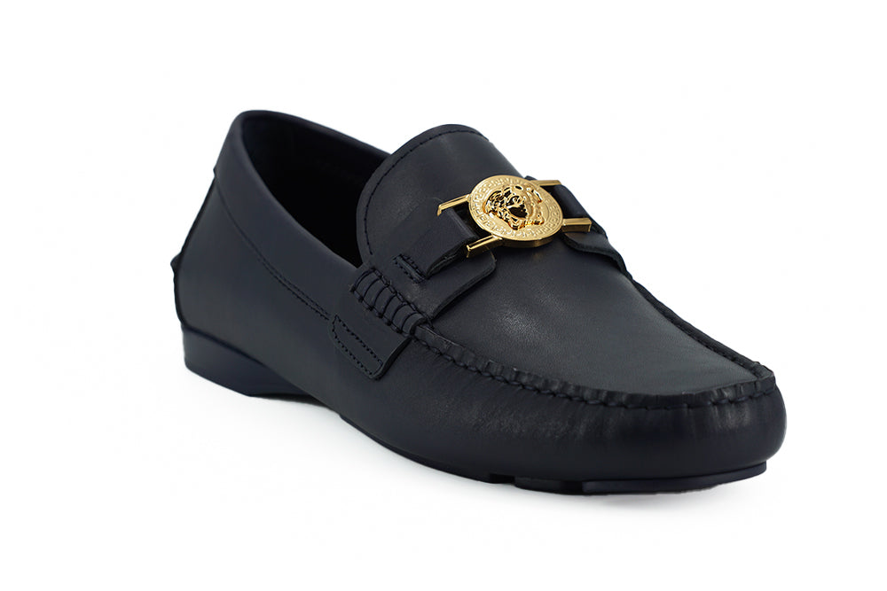 Elegant Navy Blue Calf Leather Loafers-Versace-LabelTerrace.com