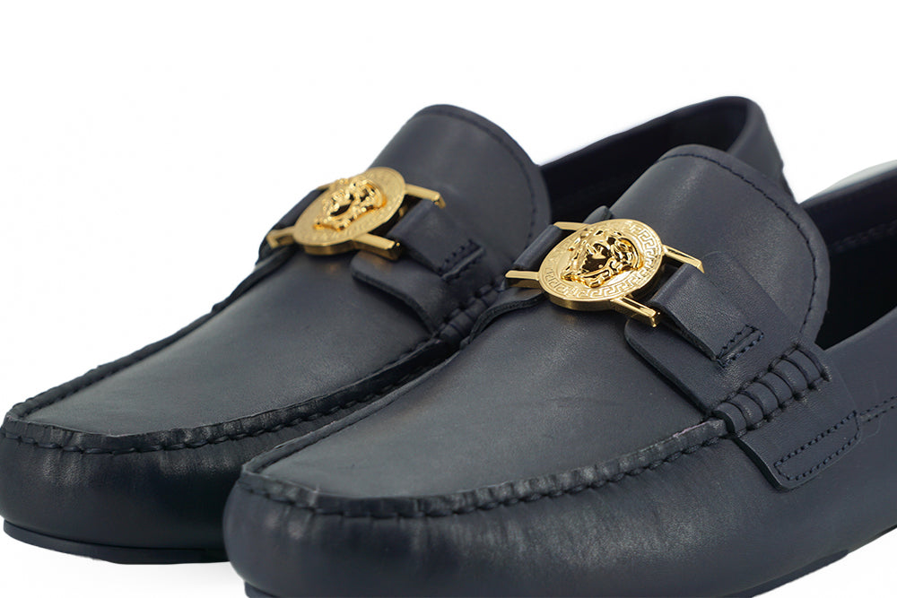 Elegant Navy Blue Calf Leather Loafers-Versace-LabelTerrace.com