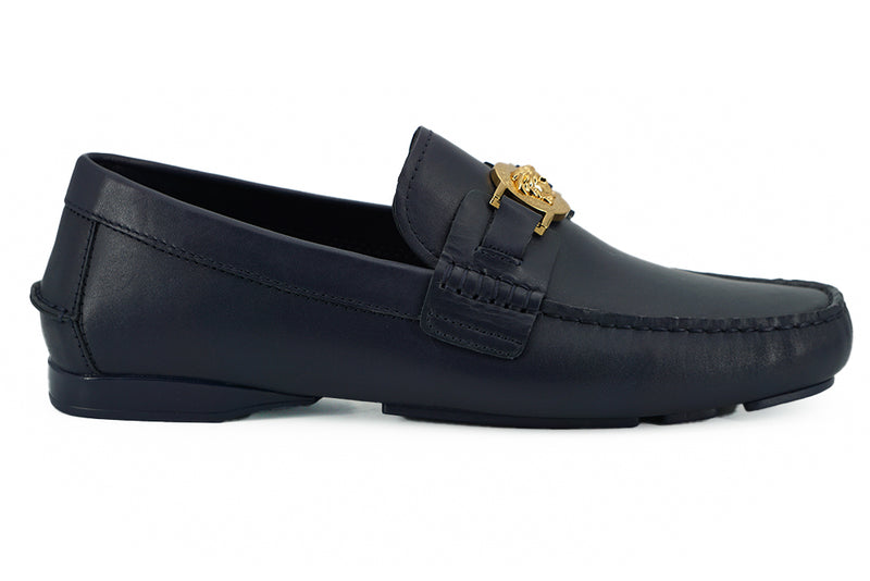 Elegant Navy Blue Calf Leather Loafers-Versace-LabelTerrace.com