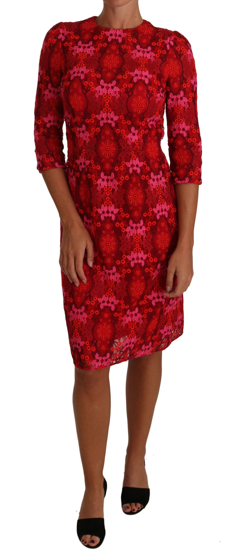 Floral Crochet Lace Red Pink Sheath Dress-Dolce & Gabbana-LabelTerrace.com