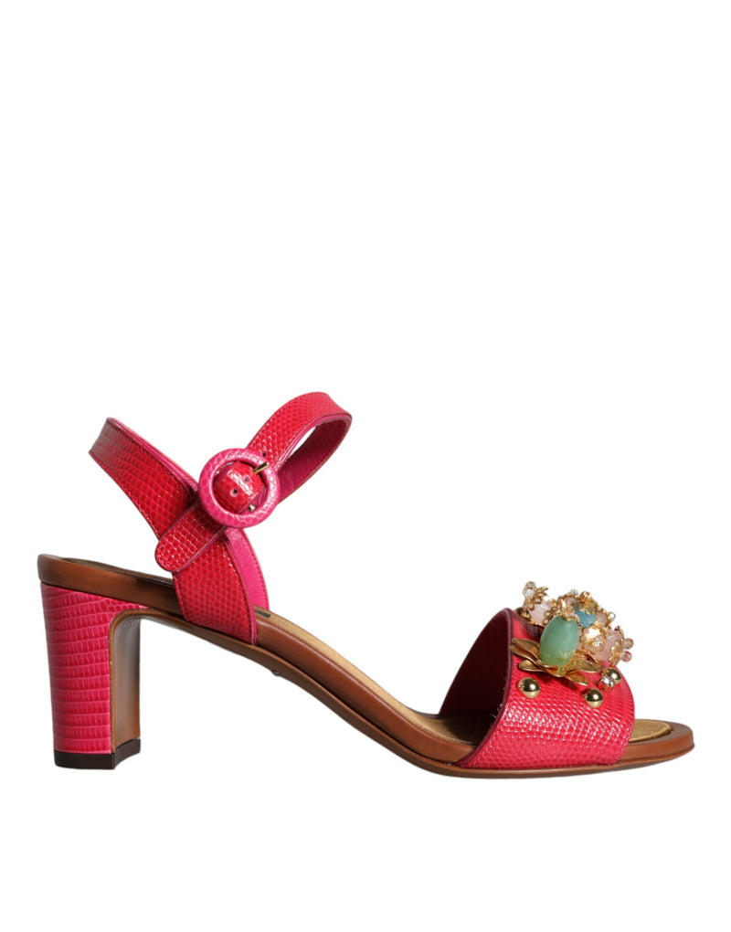 Fuchsia Leather Embellished Keira Sandals Shoes-Dolce & Gabbana-LabelTerrace.com