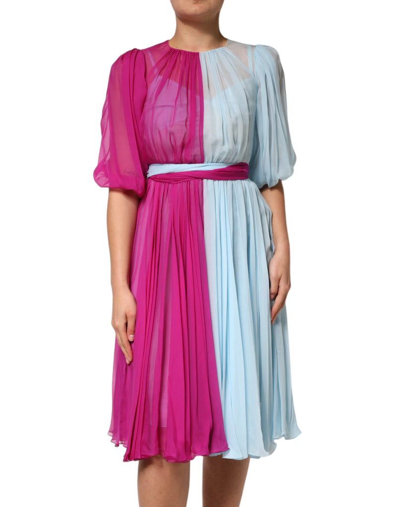 Fuchsia Light Blue Silk Two Tone Midi Dress-Dolce & Gabbana-LabelTerrace.com