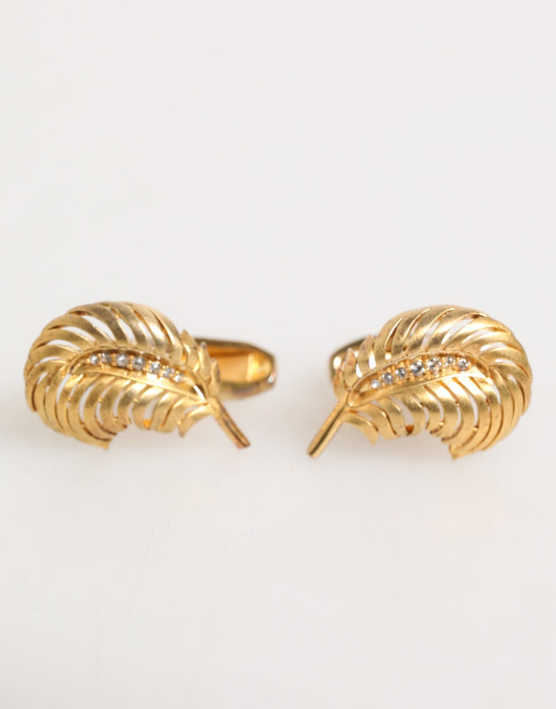 Gold 925 Sterling Silver Crystal Leaf Accessory Cufflink-Dolce & Gabbana-LabelTerrace.com