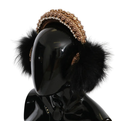 Gold Black Crystal Fur Headset Audio Headphones-Dolce & Gabbana-LabelTerrace.com