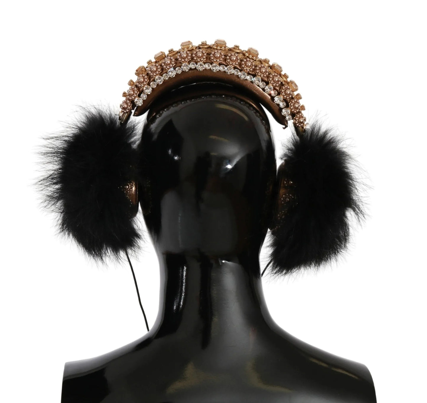 Gold Black Crystal Fur Headset Audio Headphones-Dolce & Gabbana-LabelTerrace.com