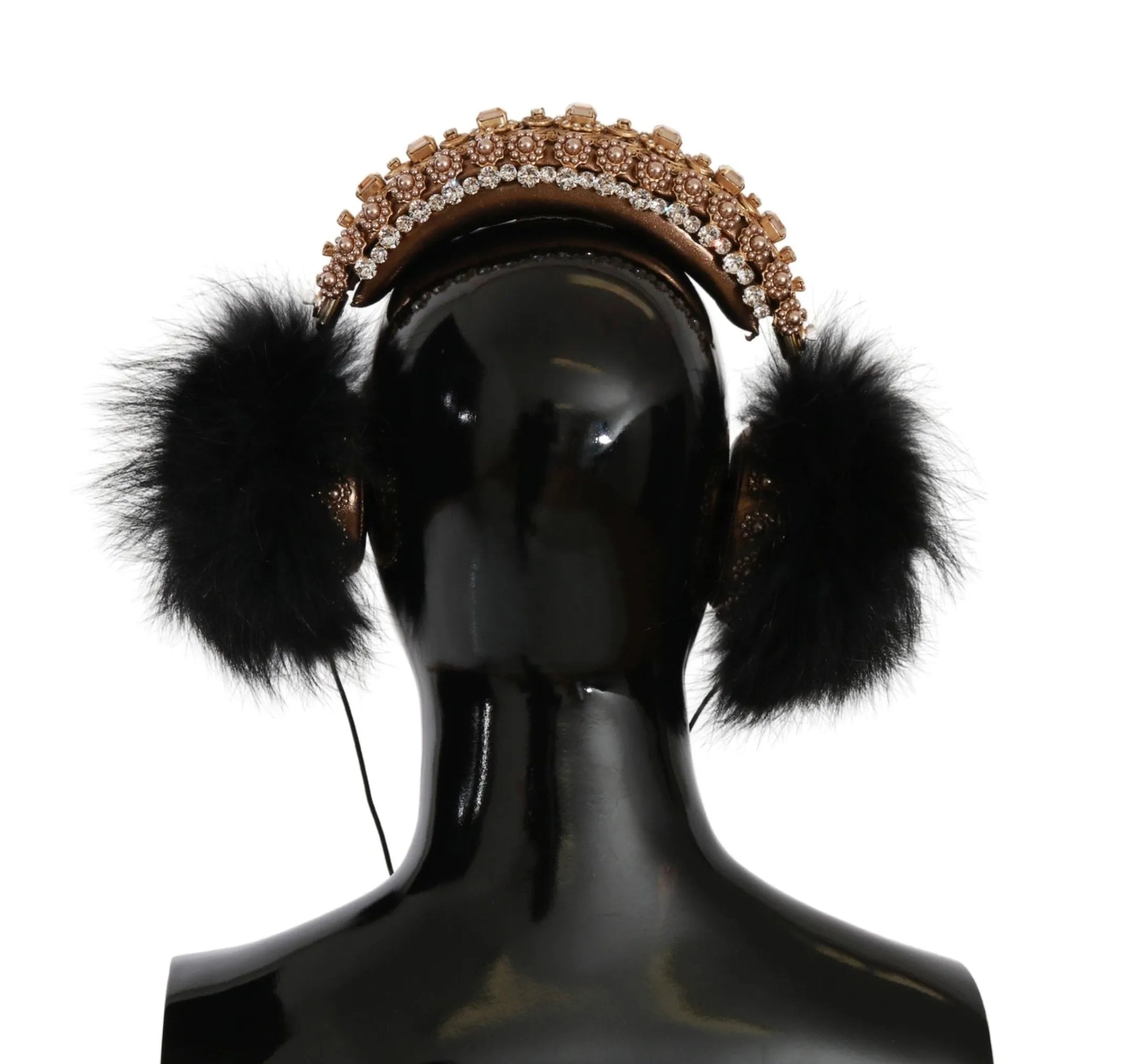 Gold Black Crystal Fur Headset Audio Headphones-Dolce & Gabbana-LabelTerrace.com