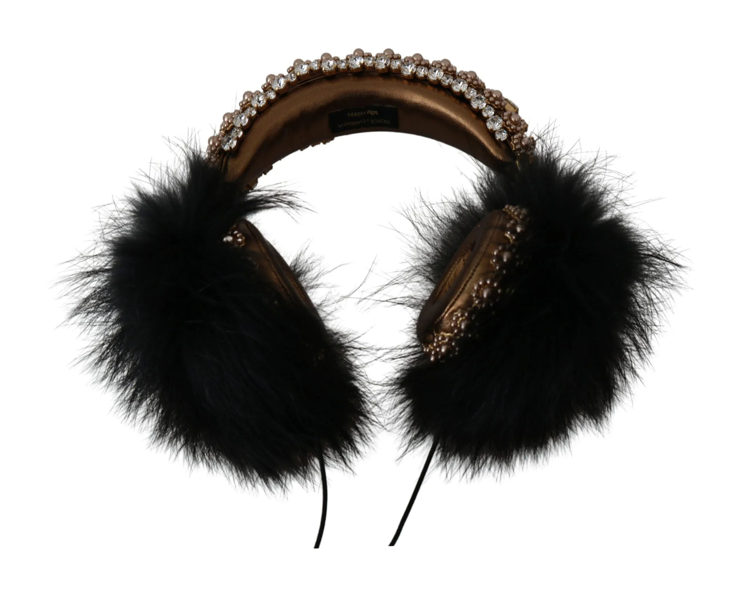 Gold Black Crystal Fur Headset Audio Headphones-Dolce & Gabbana-LabelTerrace.com