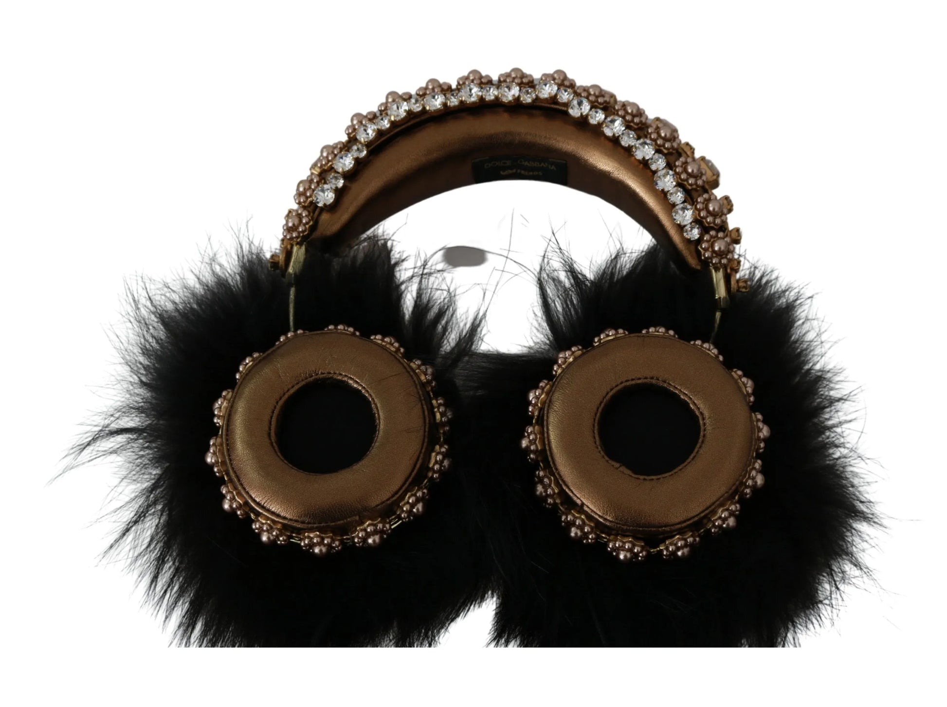 Gold Black Crystal Fur Headset Audio Headphones-Dolce & Gabbana-LabelTerrace.com