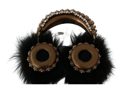 Gold Black Crystal Fur Headset Audio Headphones-Dolce & Gabbana-LabelTerrace.com