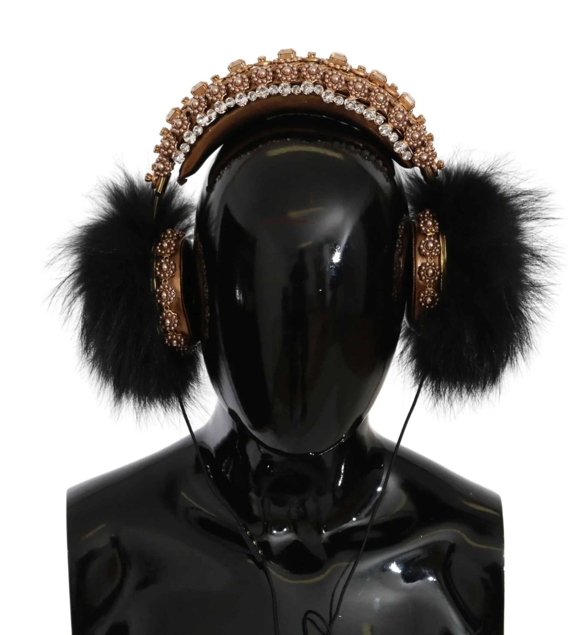 Gold Black Crystal Fur Headset Audio Headphones-Dolce & Gabbana-LabelTerrace.com