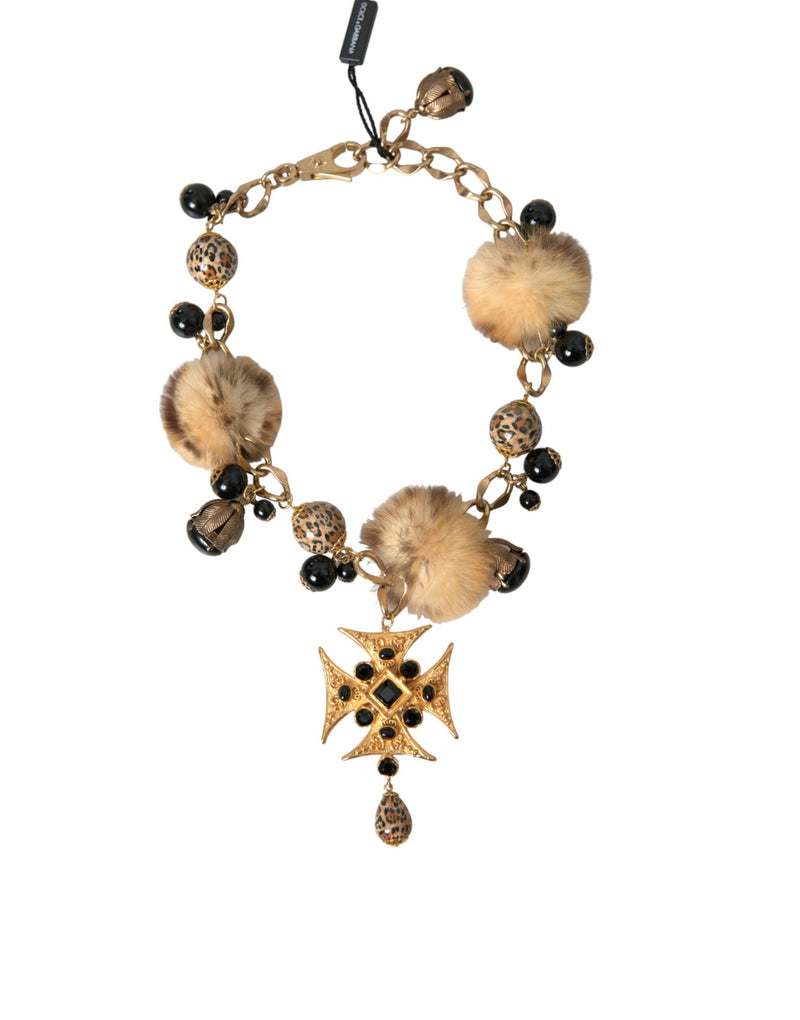 Gold Black Crystals Lapin Fur Filigree Chocker Necklace-Dolce & Gabbana-LabelTerrace.com