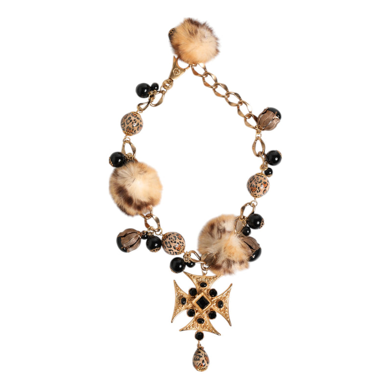 Gold Black Crystals Lapin Fur Filigree Choker Necklace-Dolce & Gabbana-LabelTerrace.com
