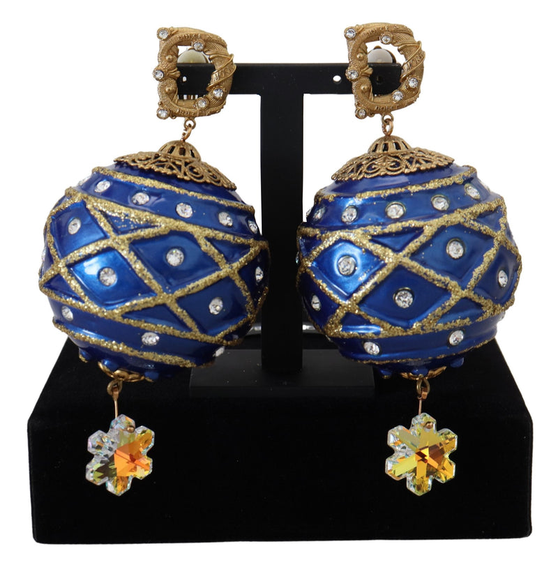 Gold Brass Blue Dangle Ball Crystal Clip On Earrings-Dolce & Gabbana-LabelTerrace.com