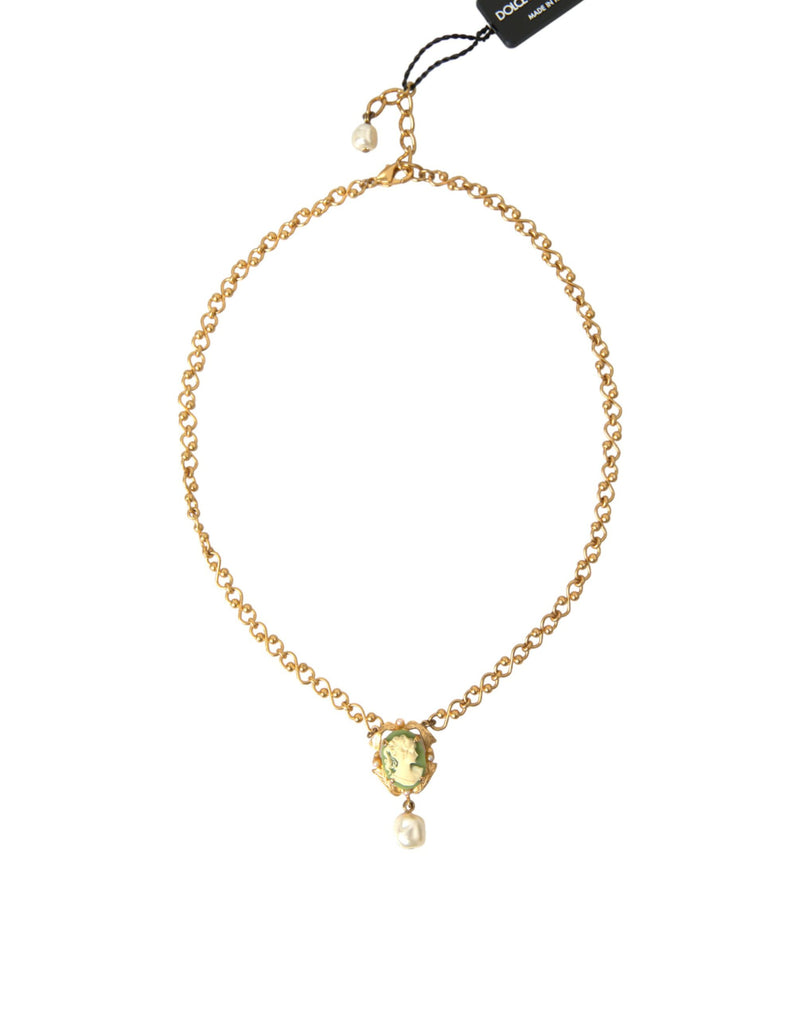 Gold Brass Chain Pearl Pendant Charm Necklace-Dolce & Gabbana-LabelTerrace.com