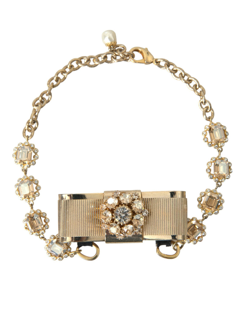 Gold Brass Clear Crystal Bow Chain Choker Necklace-Dolce & Gabbana-LabelTerrace.com