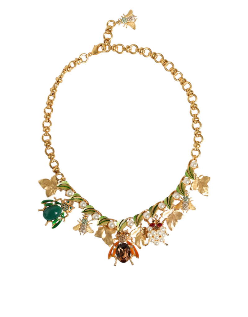 Gold Brass Crystal Bug Charm Pendant Statement Necklace-Dolce & Gabbana-LabelTerrace.com