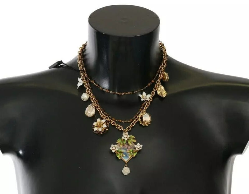 Gold Brass Crystal Floral Statement Charms Necklace-Dolce & Gabbana-LabelTerrace.com