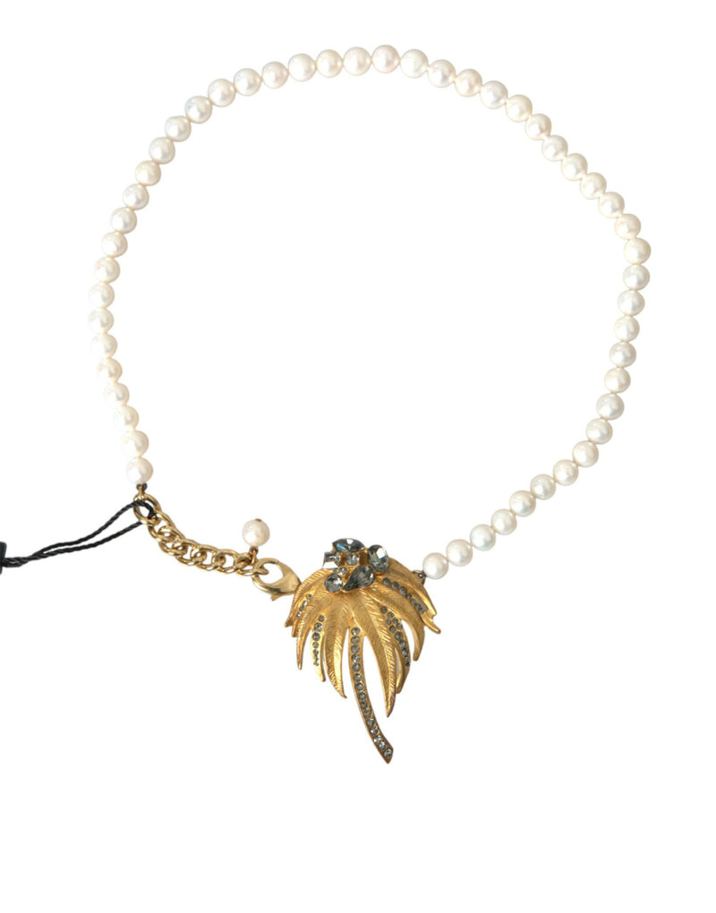Gold Brass Crystal Pearl Tree Pendant Charm Necklace-Dolce & Gabbana-LabelTerrace.com