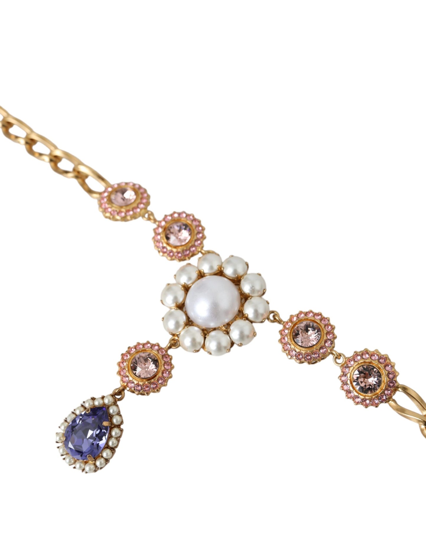 Gold Brass Crystal Purple Pink Pearl Pendants Necklace-Dolce & Gabbana-LabelTerrace.com