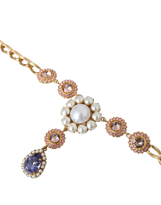 Gold Brass Crystal Purple Pink Pearl Pendants Necklace-Dolce & Gabbana-LabelTerrace.com