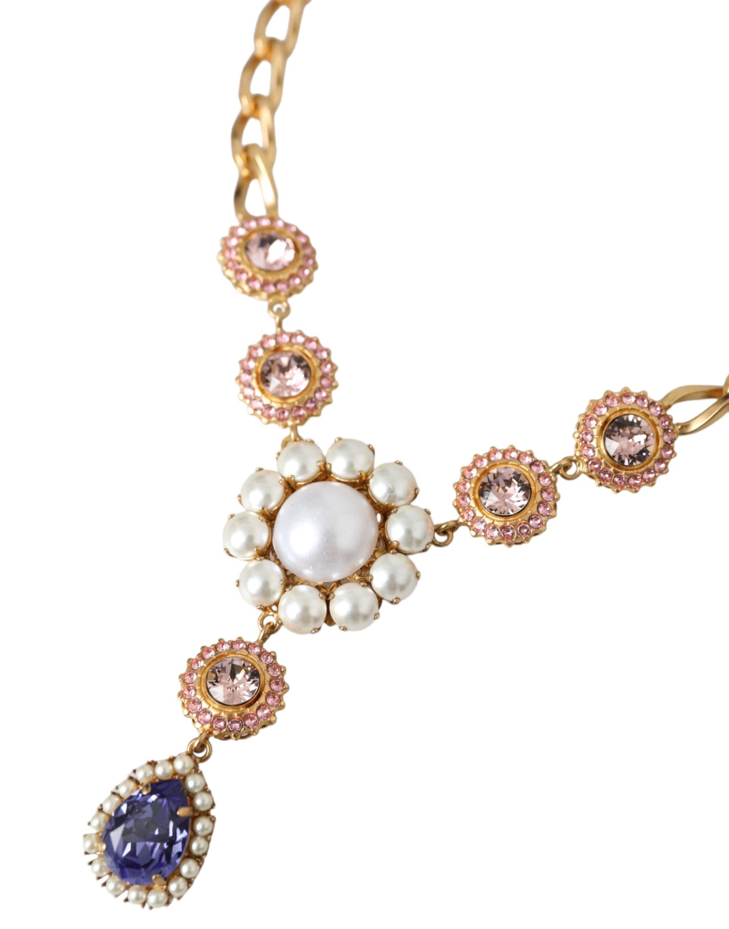 Gold Brass Crystal Purple Pink Pearl Pendants Necklace-Dolce & Gabbana-LabelTerrace.com