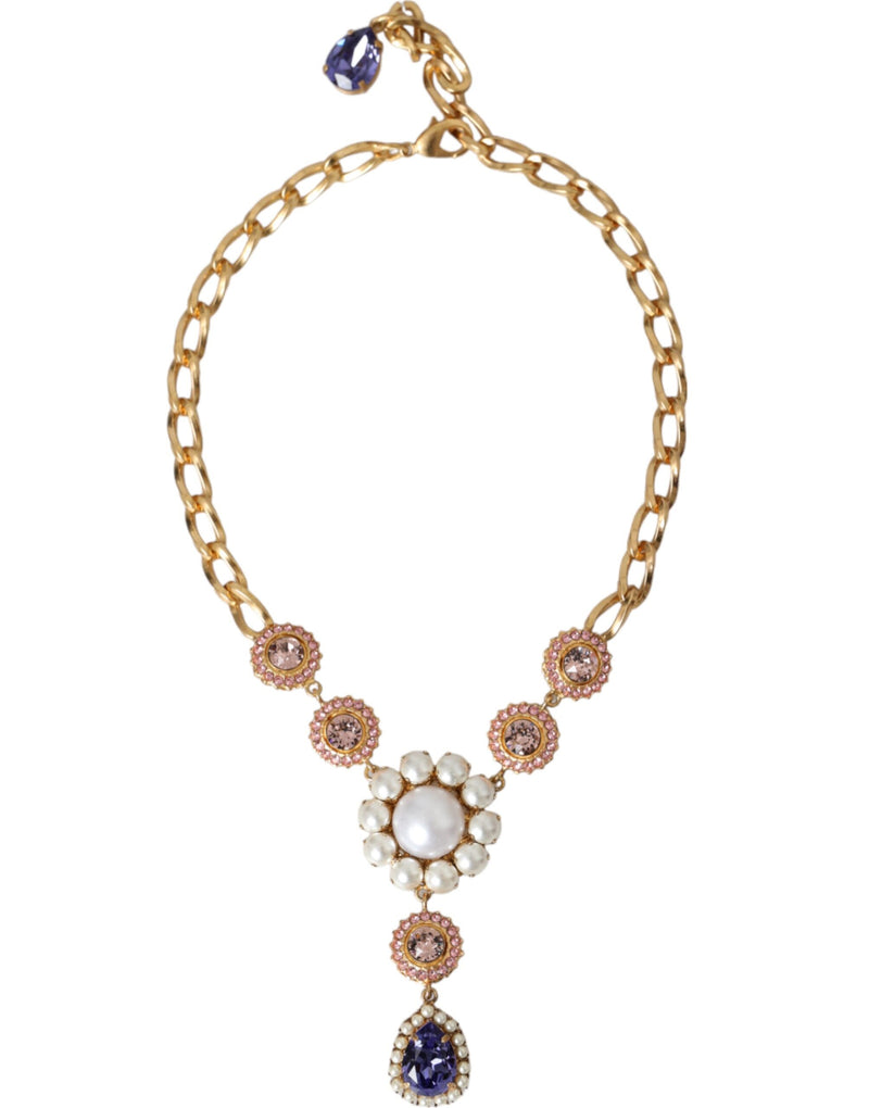 Gold Brass Crystal Purple Pink Pearl Pendants Necklace-Dolce & Gabbana-LabelTerrace.com