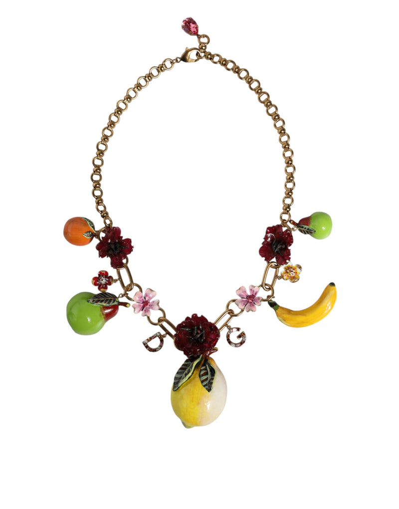 Gold Brass FRUIT Pendants Flowers Crystal Logo Necklace-Dolce & Gabbana-LabelTerrace.com