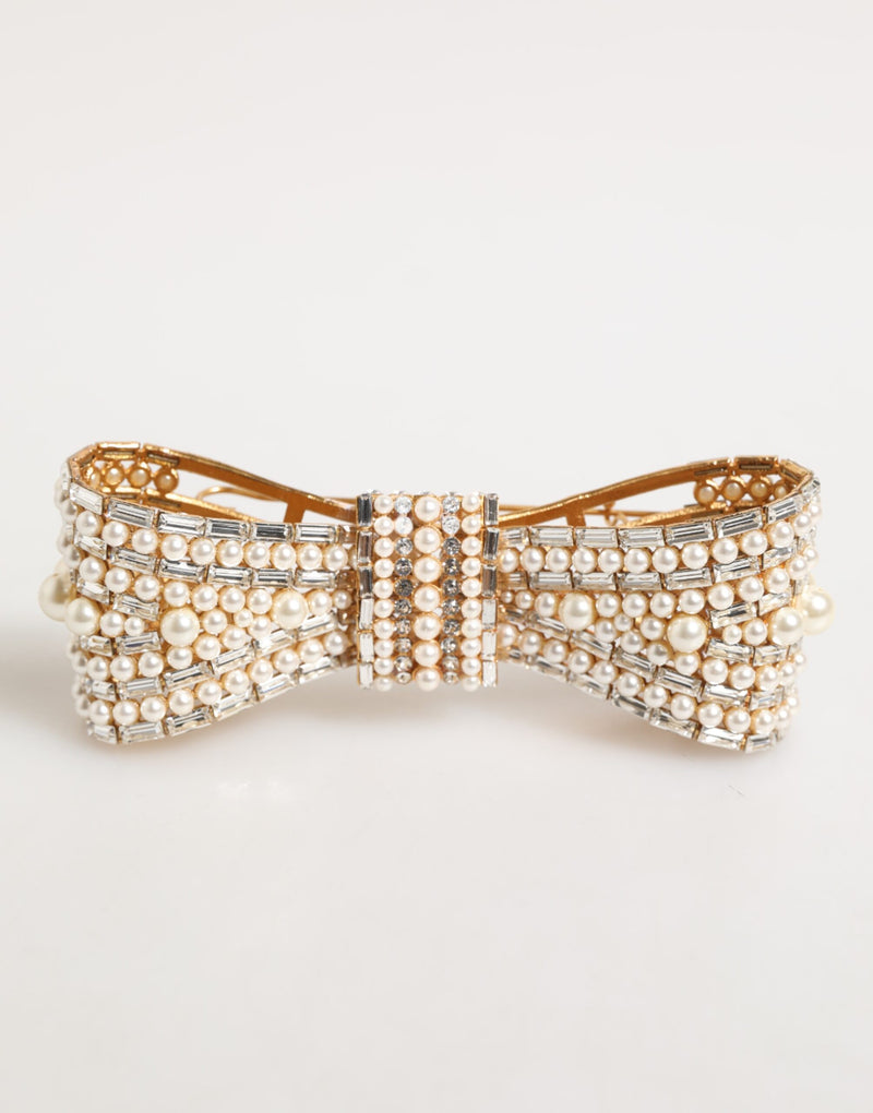 Gold Brass Glas Crystal Faux Pearl Embellished Brooch-Dolce & Gabbana-LabelTerrace.com