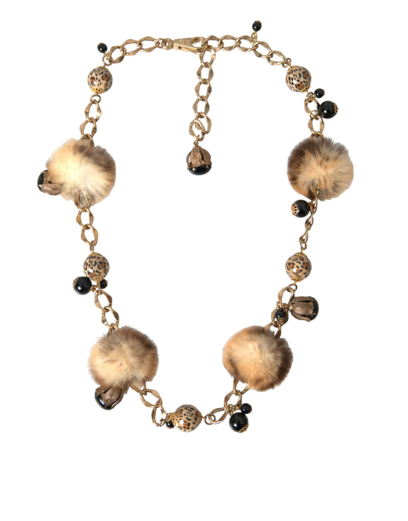 Gold Brass Leopard Fur Pearl Collier Chain Belt-Dolce & Gabbana-LabelTerrace.com
